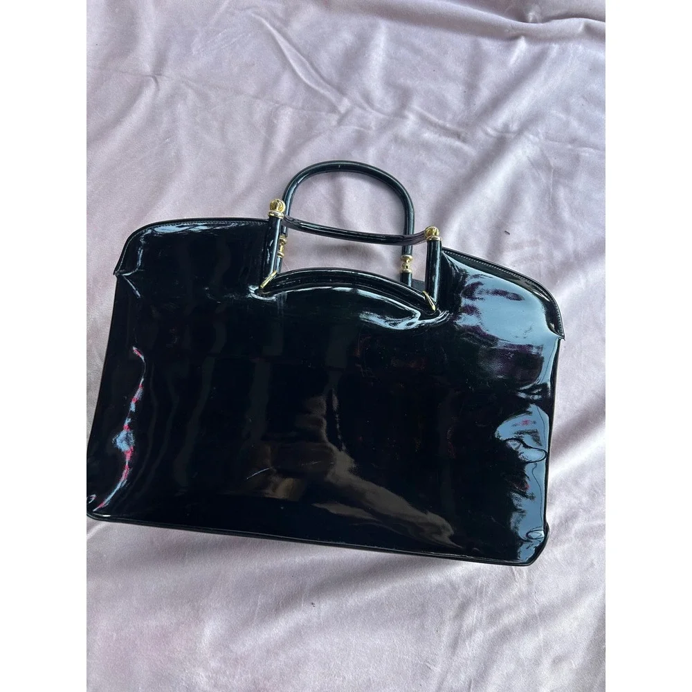 Vintage Lewis Black Patent Leather Top Handle Bag Kiss Lock Gold Hardware